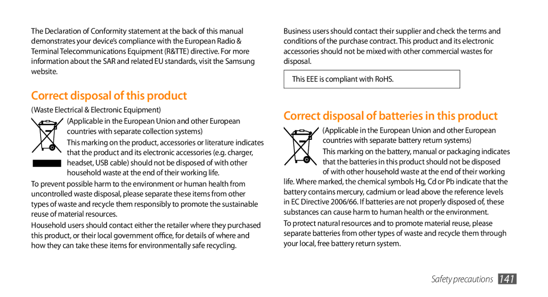 Samsung GT-S8530LIAXXV, GT-S8530BAASKZ, GT-S8530BAATMC, GT-S8530LIAAFR, GT-S8530LIAPAK manual Correct disposal of this product 