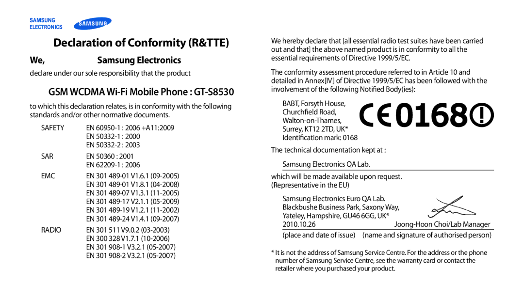 Samsung GT-S8530BAAILO, GT-S8530BAASKZ manual Declaration of Conformity R&TTE, GSM Wcdma Wi-Fi Mobile Phone GT-S8530 