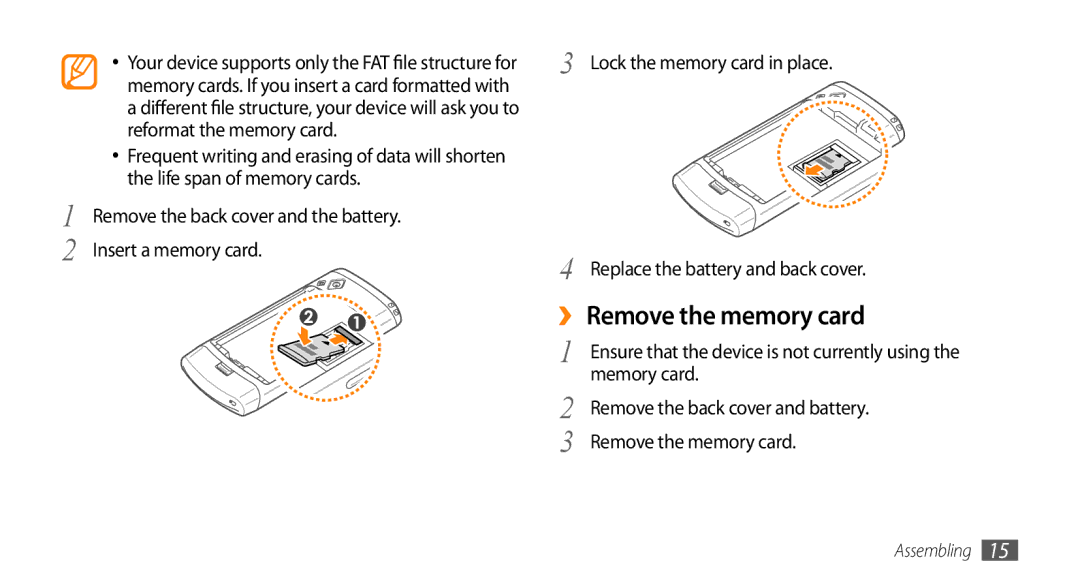 Samsung GT-S8530HKAJED, GT-S8530BAASKZ manual ›› Remove the memory card, Memory card, Remove the back cover and battery 