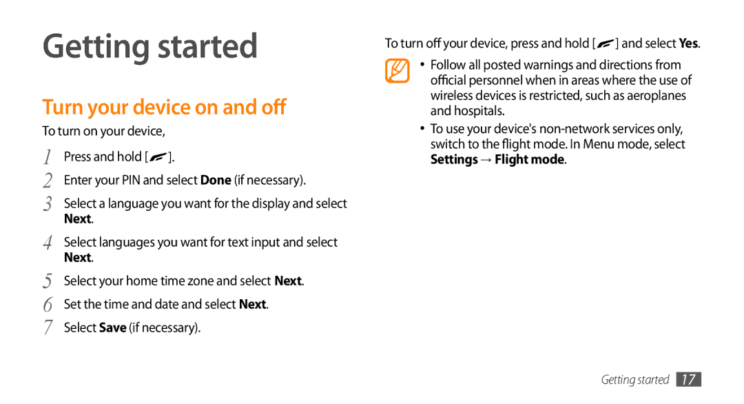 Samsung GT-S8530BAAJED, GT-S8530BAASKZ, GT-S8530BAATMC, GT-S8530LIAAFR Getting started, Turn your device on and off, Next 