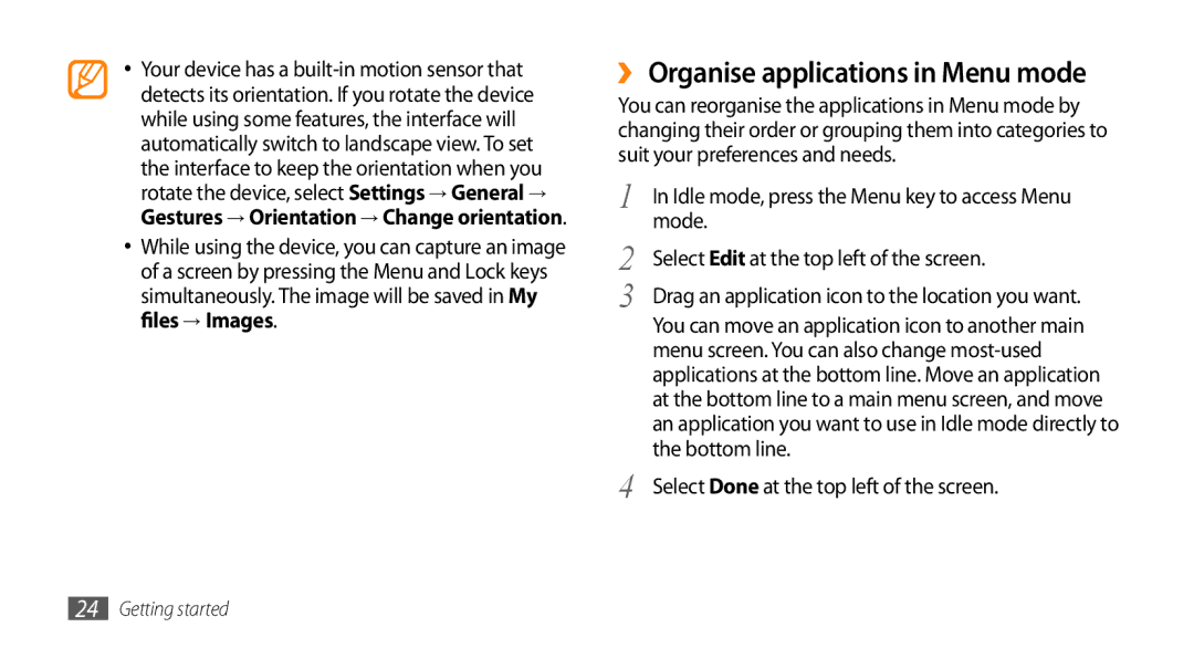 Samsung GT-S8530LIAMID ›› Organise applications in Menu mode, Mode, Select Edit at the top left of the screen, Bottom line 