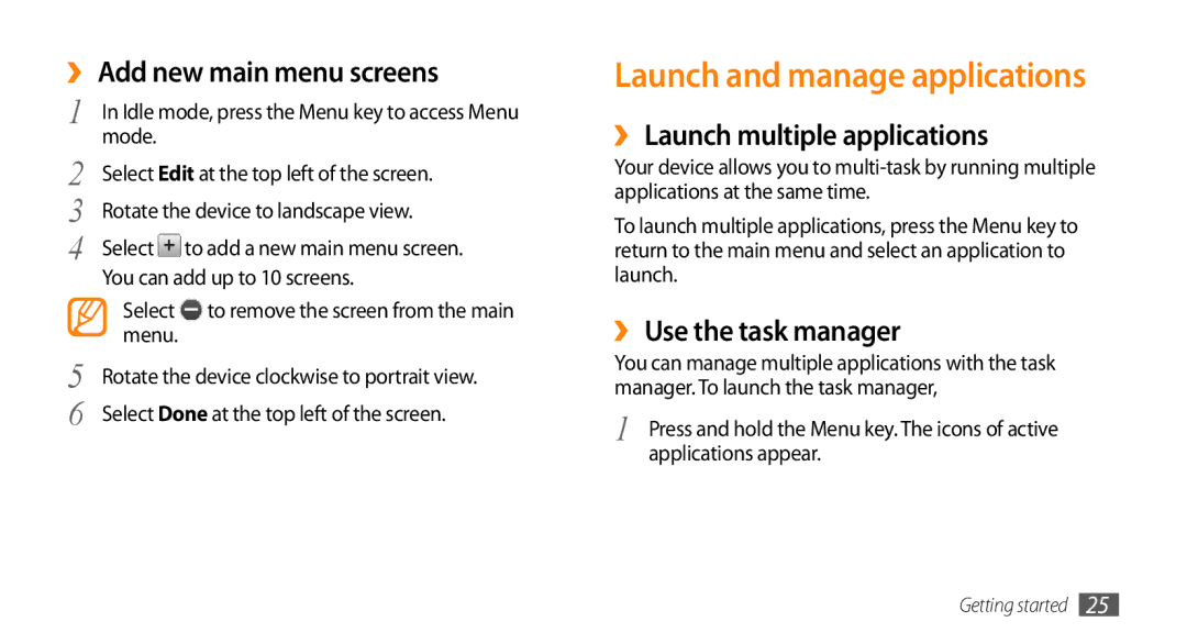 Samsung GT-S8530BAJECT manual Launch and manage applications, ›› Add new main menu screens, ›› Launch multiple applications 