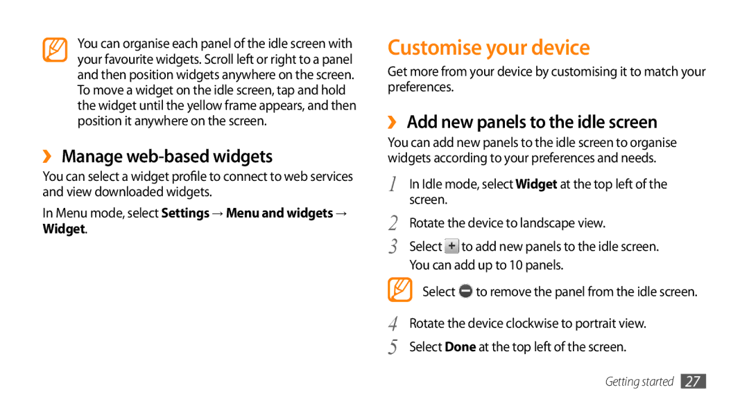 Samsung GT-S8530LIATHR manual Customise your device, ›› Manage web-based widgets, ›› Add new panels to the idle screen 