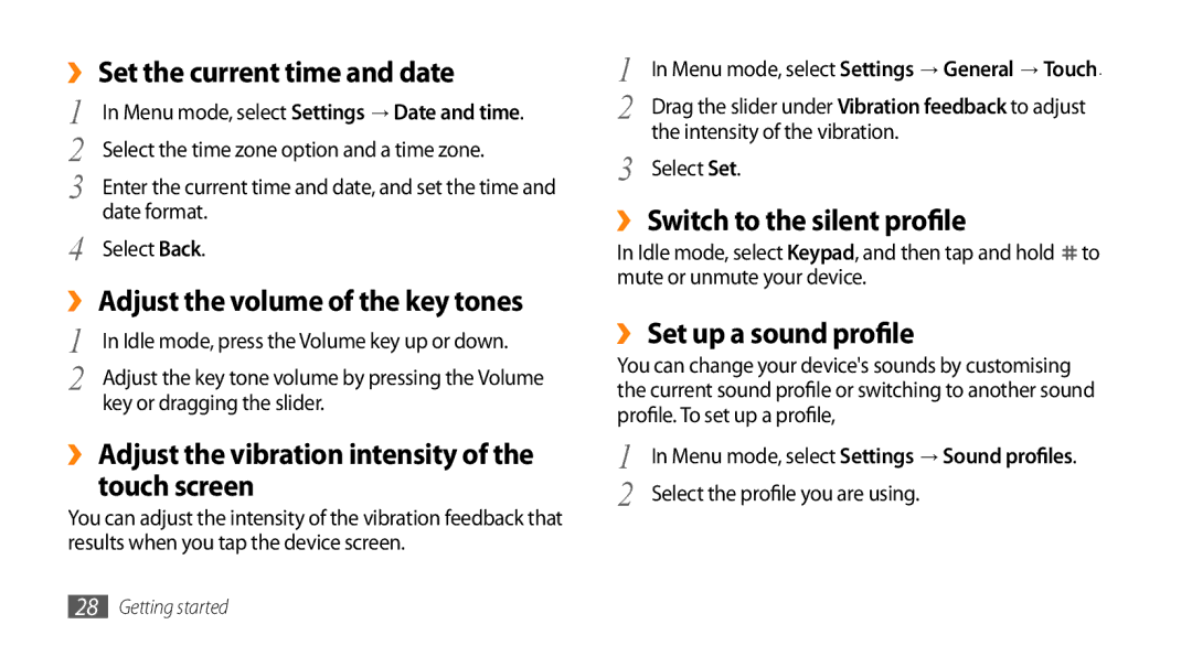 Samsung GT-S8530ISATHR ›› Set the current time and date, ›› Adjust the volume of the key tones, ›› Set up a sound profile 