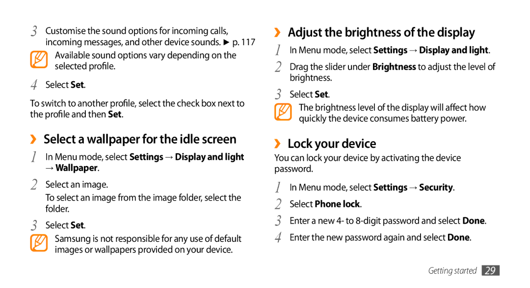 Samsung GT-S8530HKAPAK manual ›› Adjust the brightness of the display, ›› Lock your device, → Wallpaper, Select Phone lock 