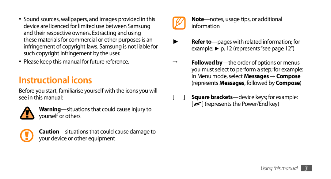 Samsung GT-S8530LIAPAK, GT-S8530BAASKZ, GT-S8530BAATMC Instructional icons, Please keep this manual for future reference 