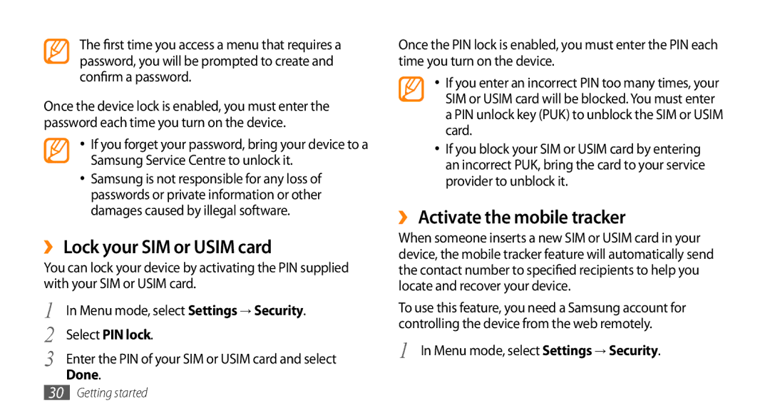 Samsung GT-S8530ISAKSA manual ›› Lock your SIM or Usim card, ›› Activate the mobile tracker, Select PIN lock, Done 