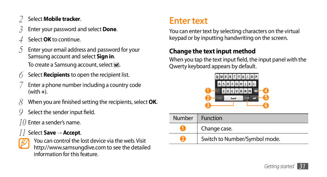 Samsung GT-S8530BAAAFR manual Enter text, Change the text input method, Select Mobile tracker, Select Save → Accept 