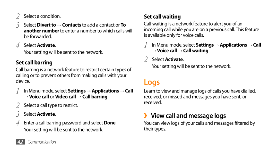 Samsung GT-S8530ISAXXV, GT-S8530BAASKZ manual Logs, ›› View call and message logs, Set call barring, Set call waiting 