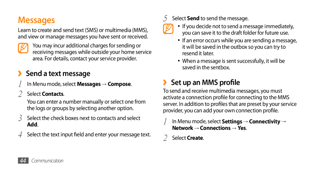 Samsung GT-S8530BAAPTR manual Messages, ›› Send a text message, ›› Set up an MMS profile, Network → Connections → Yes 