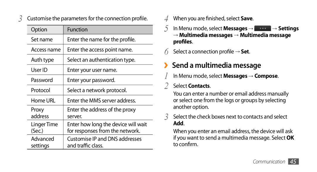 Samsung GT-S8530HKBPCL, GT-S8530BAASKZ manual ›› Send a multimedia message, Profiles Select a connection profile → Set, Add 