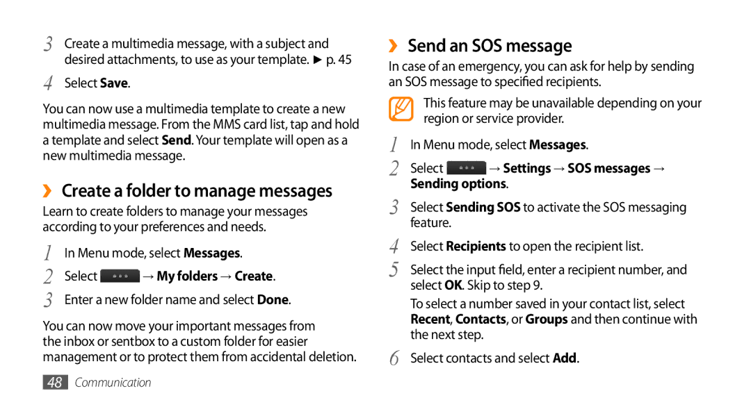 Samsung GT-S8530HKAPTR, GT-S8530BAASKZ manual ›› Send an SOS message, Select Save, Sending options, Select OK. Skip to step 