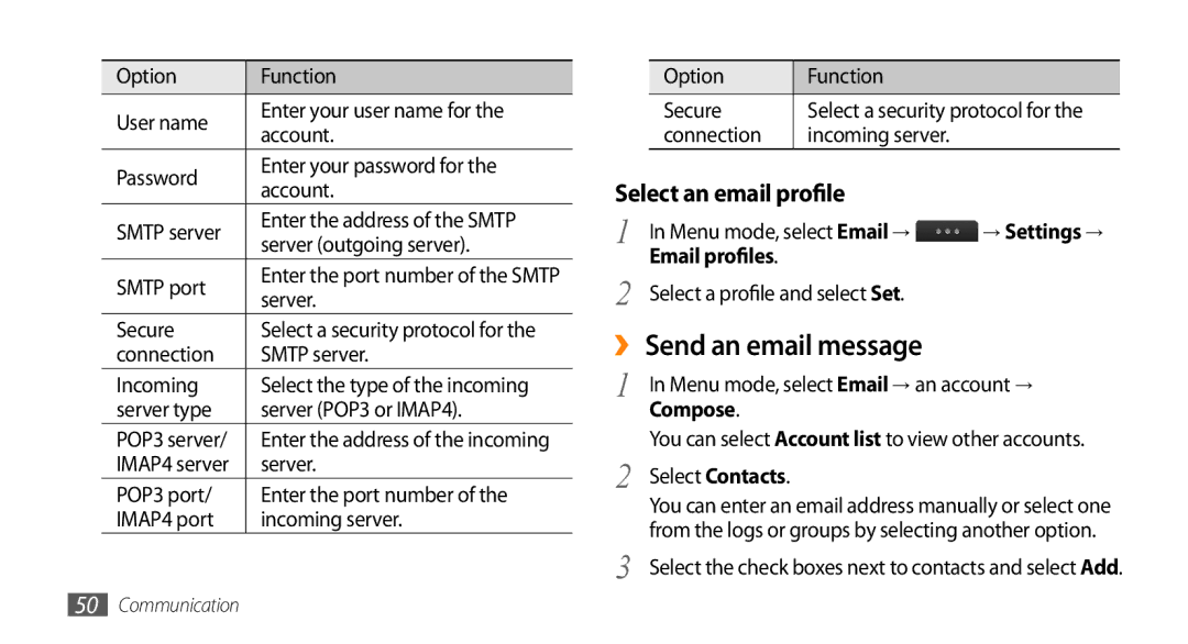 Samsung GT-S8530HKBCEL, GT-S8530BAASKZ manual ›› Send an email message, Select an email profile, → Settings →, Compose 