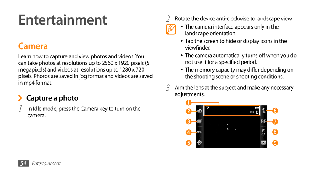 Samsung GT-S8530BAATMC, GT-S8530BAASKZ, GT-S8530LIAAFR, GT-S8530LIAPAK manual Entertainment, Camera, ›› Capture a photo 