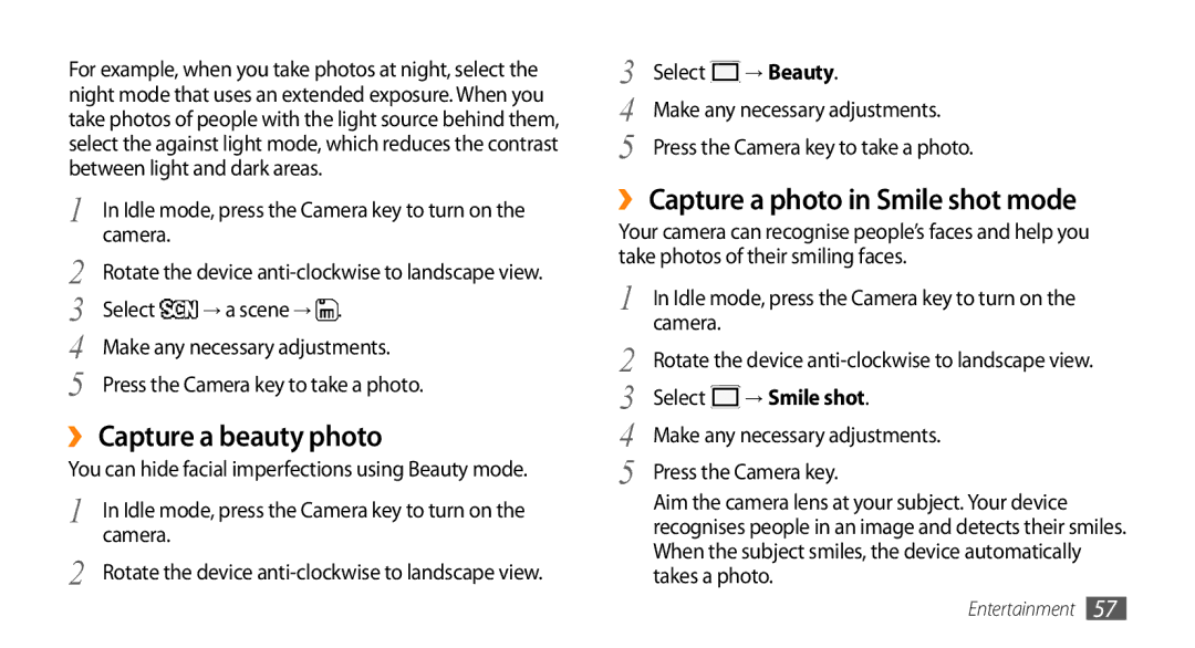 Samsung GT-S8530BAAEGY manual ›› Capture a beauty photo, ›› Capture a photo in Smile shot mode, → Beauty, → Smile shot 