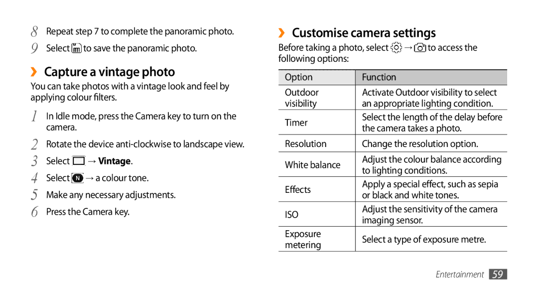 Samsung GT-S8530LIASKZ, GT-S8530BAASKZ, GT-S8530BAATMC ›› Capture a vintage photo, ›› Customise camera settings, → Vintage 