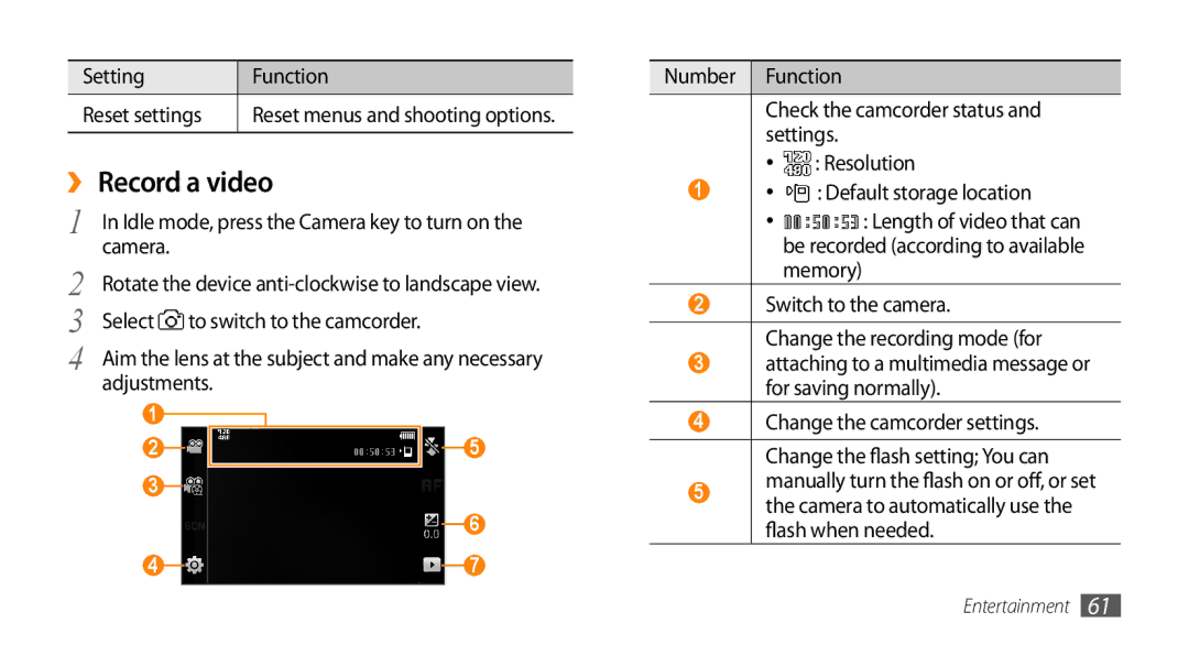 Samsung GT-S8530BAAPAK, GT-S8530BAASKZ, GT-S8530BAATMC, GT-S8530LIAAFR ›› Record a video, Setting Function Reset settings 