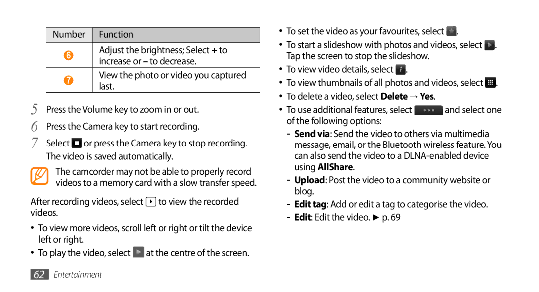 Samsung GT-S8530ISAJED manual Number Function, View the photo or video you captured last, Video is saved automatically 