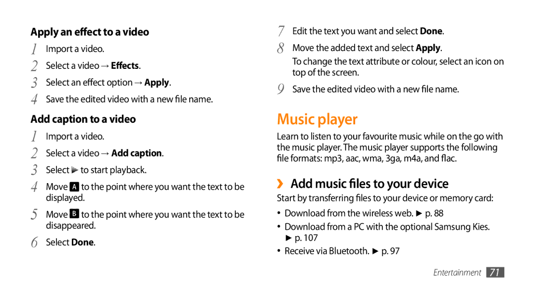 Samsung GT-S8530HKASKZ Music player, ›› Add music files to your device, Apply an effect to a video, Add caption to a video 