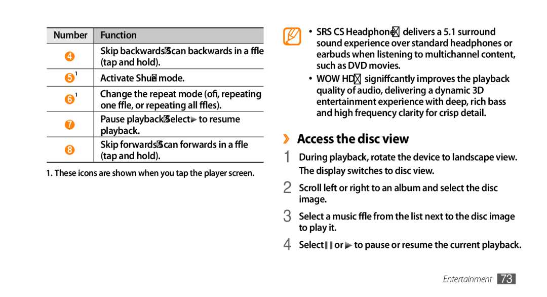 Samsung GT-S8530ISAMID, GT-S8530BAASKZ, GT-S8530BAATMC manual ›› Access the disc view, One file, or repeating all files 