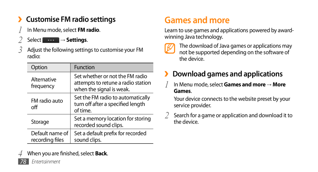 Samsung GT-S8530BAJECT, GT-S8530BAASKZ Games and more, ›› Customise FM radio settings, ›› Download games and applications 