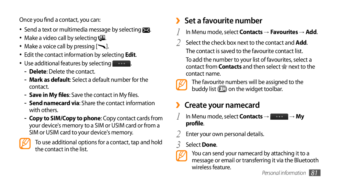 Samsung GT-S8530ISATHR, GT-S8530BAASKZ, GT-S8530BAATMC manual ›› Set a favourite number, ›› Create your namecard, Profile 