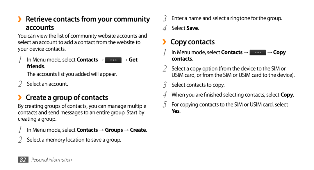 Samsung GT-S8530HKAPAK, GT-S8530BAASKZ, GT-S8530BAATMC manual Accounts, ›› Create a group of contacts, ›› Copy contacts 