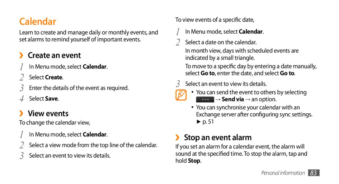 Samsung GT-S8530ISAKSA, GT-S8530BAASKZ, GT-S8530BAATMC Calendar, ›› Create an event, ›› View events, ›› Stop an event alarm 