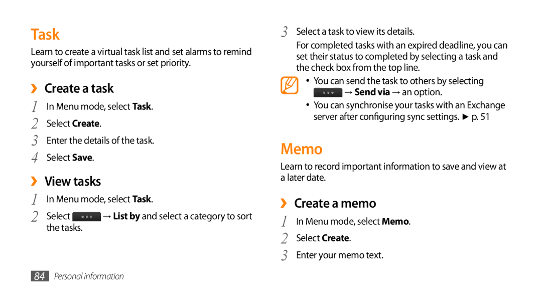 Samsung GT-S8530BAAAFR, GT-S8530BAASKZ, GT-S8530BAATMC manual Task, Memo, ›› Create a task, ›› View tasks, ›› Create a memo 