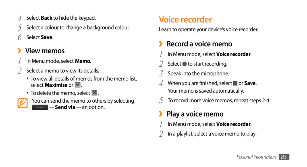 Samsung GT-S8530BAATHR, GT-S8530BAASKZ manual Voice recorder, ›› View memos, ›› Record a voice memo, ›› Play a voice memo 