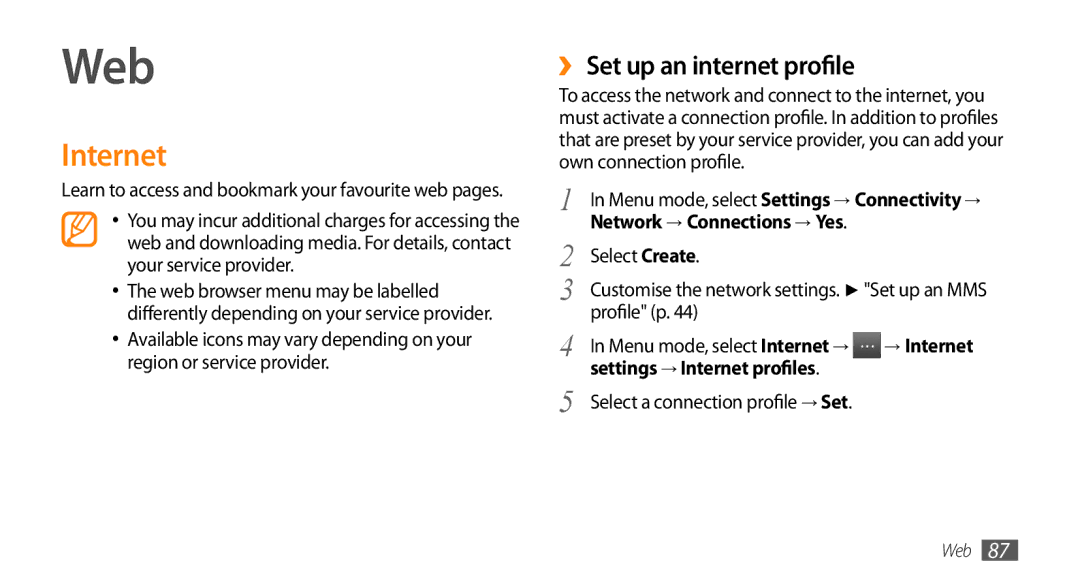 Samsung GT-S8530ISAXEV, GT-S8530BAASKZ manual Web, ›› Set up an internet profile, Settings → Internet profiles 