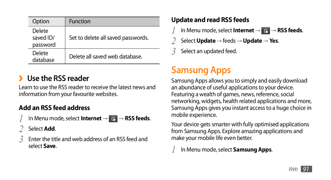 Samsung GT-S8530LIAXEV manual Samsung Apps, ›› Use the RSS reader, Add an RSS feed address, Update and read RSS feeds 