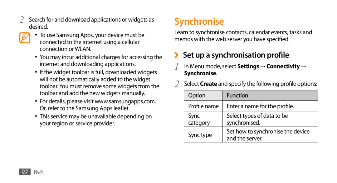 Samsung GT-S8530HKAXXV manual Synchronise, ›› Set up a synchronisation profile, Desired, Enter a name for the profile 