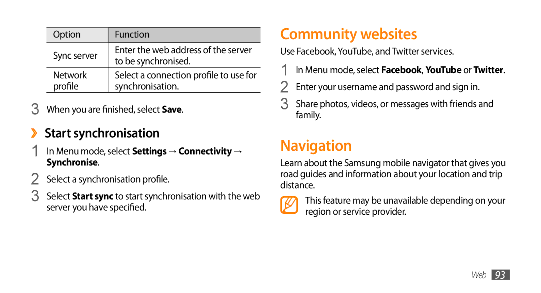 Samsung GT-S8530BAAXXV, GT-S8530BAASKZ, GT-S8530BAATMC manual Community websites, Navigation, ›› Start synchronisation 