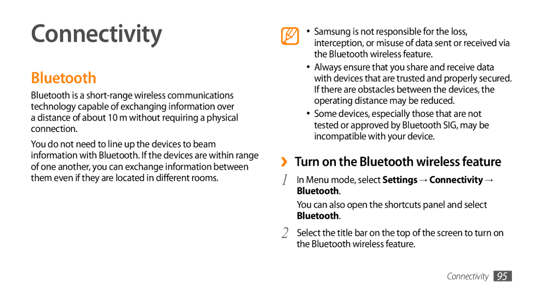 Samsung GT-S8530ISAXXV, GT-S8530BAASKZ, GT-S8530BAATMC, GT-S8530LIAAFR manual Connectivity, Bluetooth wireless feature 