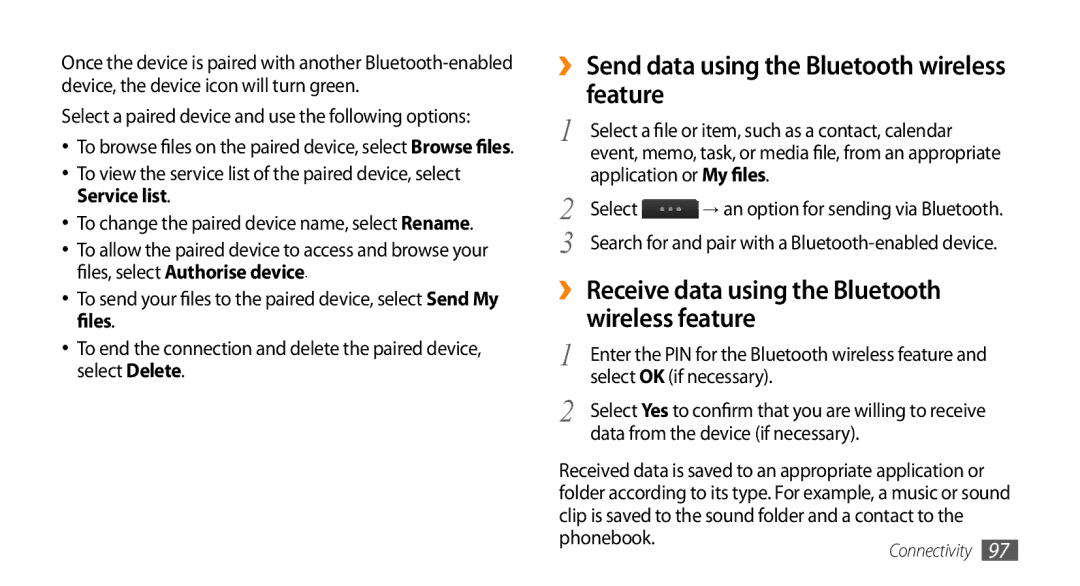 Samsung GT-S8530BAAPTR ›› Send data using the Bluetooth wireless feature, Application or My files, Select OK if necessary 