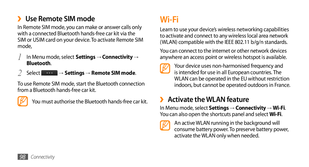 Samsung GT-S8530HKBPCL, GT-S8530BAASKZ, GT-S8530BAATMC manual Wi-Fi, ›› Use Remote SIM mode, ›› Activate the Wlan feature 