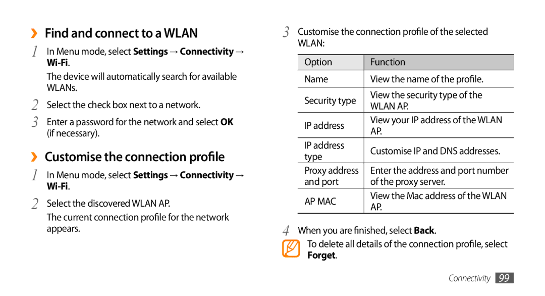 Samsung GT-S8530HKAILO, GT-S8530BAASKZ ›› Find and connect to a Wlan, ›› Customise the connection profile, Wi-Fi, Forget 