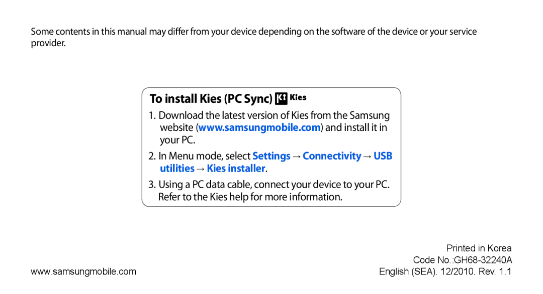 Samsung GT-S8530BAATMC, GT-S8530BAASKZ, GT-S8530LIAAFR, GT-S8530LIAPAK, GT-S8530BAAEGY manual To install Kies PC Sync 