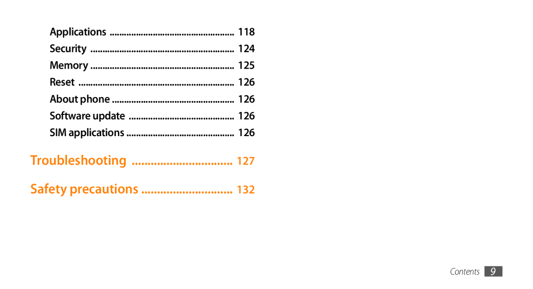 Samsung GT-S8530LIAJED, GT-S8530BAASKZ, GT-S8530BAATMC, GT-S8530LIAAFR Troubleshooting, Safety precautions, 124, 125, 126 