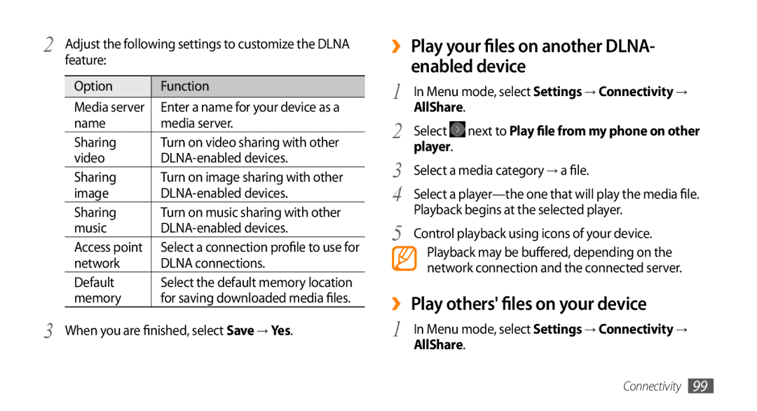 Samsung GT-S8530BAACEL ›› Play your files on another DLNA- enabled device, ›› Play others files on your device, AllShare 