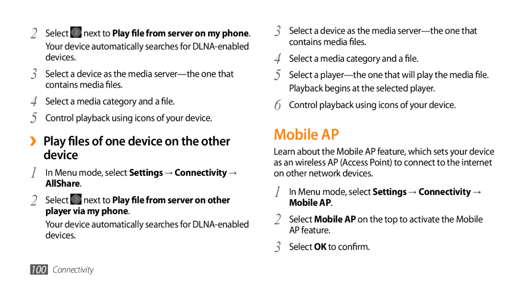 Samsung GT-S8530HKAPTR, GT-S8530BAASKZ Mobile AP, ›› Play files of one device on the other device, Player via my phone 