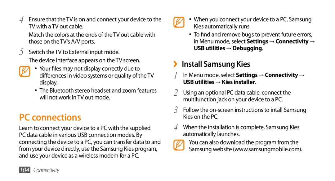 Samsung GT-S8530HKACEL, GT-S8530BAASKZ manual PC connections, ›› Install Samsung Kies, USB utilities → Kies installer 