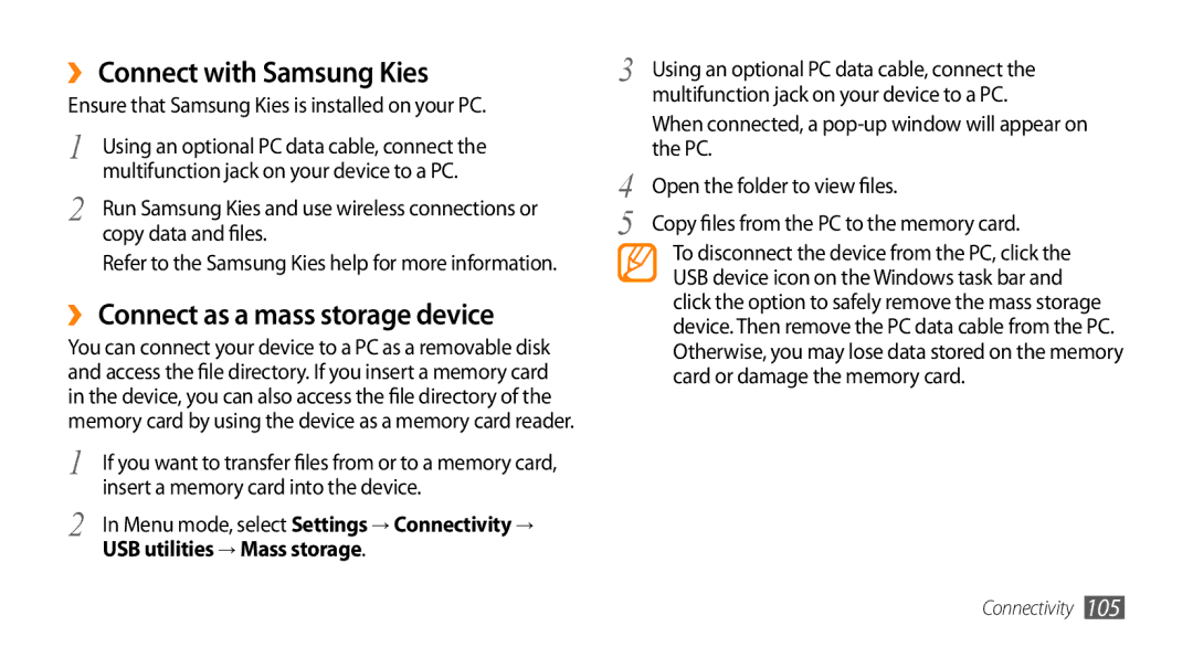 Samsung GT-S8530BAASKZ ›› Connect with Samsung Kies, ›› Connect as a mass storage device, USB utilities → Mass storage 