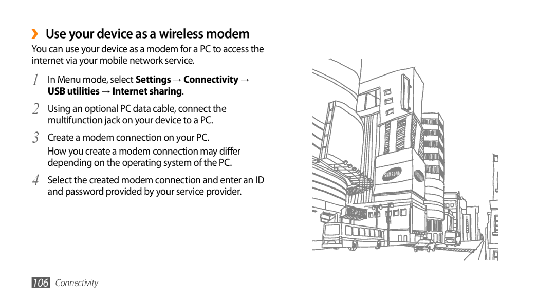 Samsung GT-S8530BAATMC, GT-S8530BAASKZ manual ›› Use your device as a wireless modem, Create a modem connection on your PC 