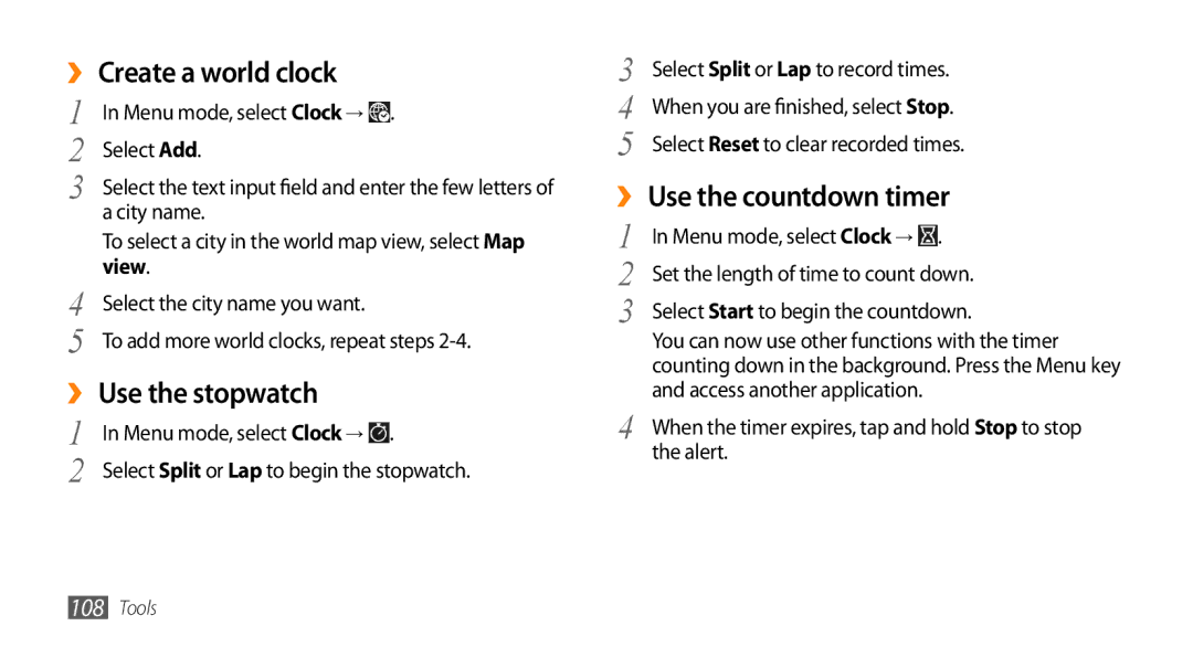 Samsung GT-S8530LIAPAK, GT-S8530BAASKZ ›› Create a world clock, ›› Use the stopwatch, ›› Use the countdown timer, View 