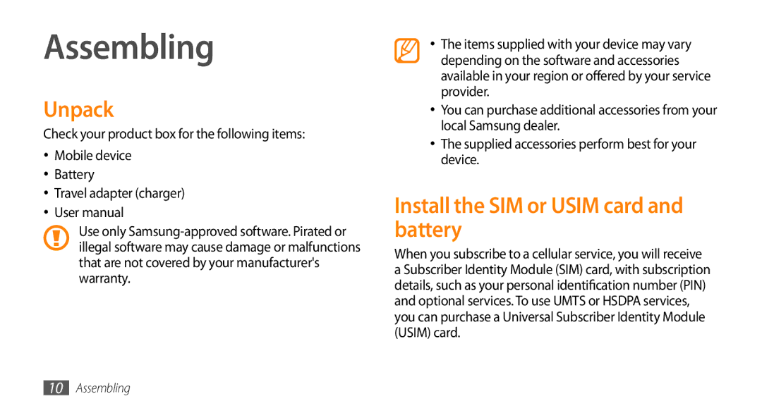 Samsung GT-S8530LIAKSA, GT-S8530BAASKZ, GT-S8530BAATMC manual Assembling, Unpack, Install the SIM or Usim card and battery 