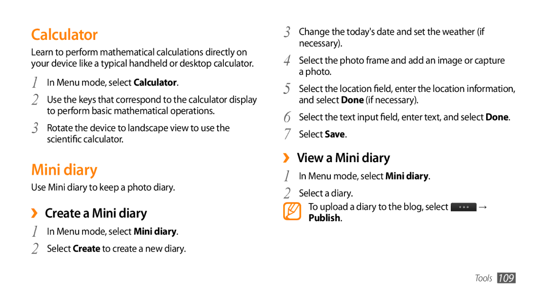 Samsung GT-S8530BAAEGY, GT-S8530BAASKZ manual Calculator, ›› Create a Mini diary, ›› View a Mini diary, Publish 