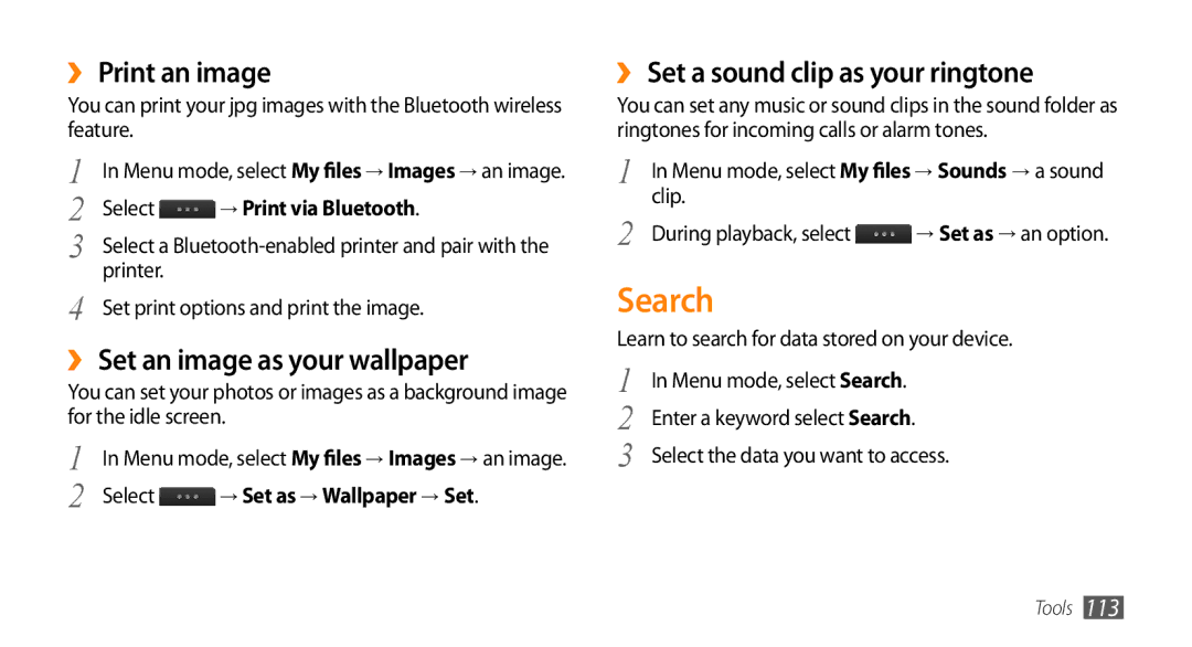 Samsung GT-S8530BAAPAK Search, ›› Print an image, ›› Set an image as your wallpaper, ›› Set a sound clip as your ringtone 