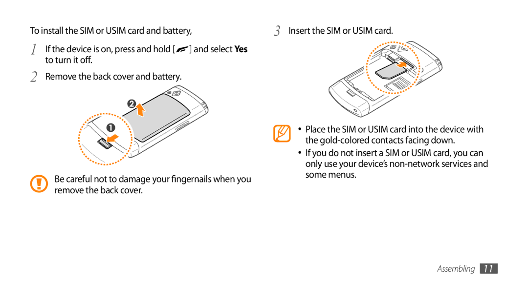 Samsung GT-S8530HKAMID, GT-S8530BAASKZ To turn it off Remove the back cover and battery, Gold-colored contacts facing down 